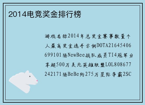 2014电竞奖金排行榜